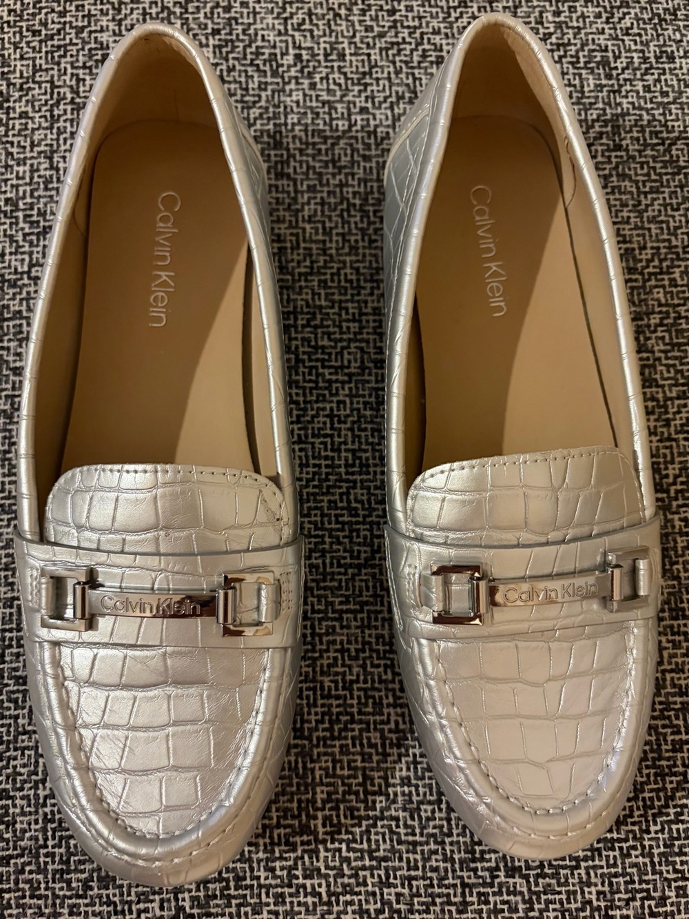 Calvin Klein Metallic Silver Croc-Embossed Loafers